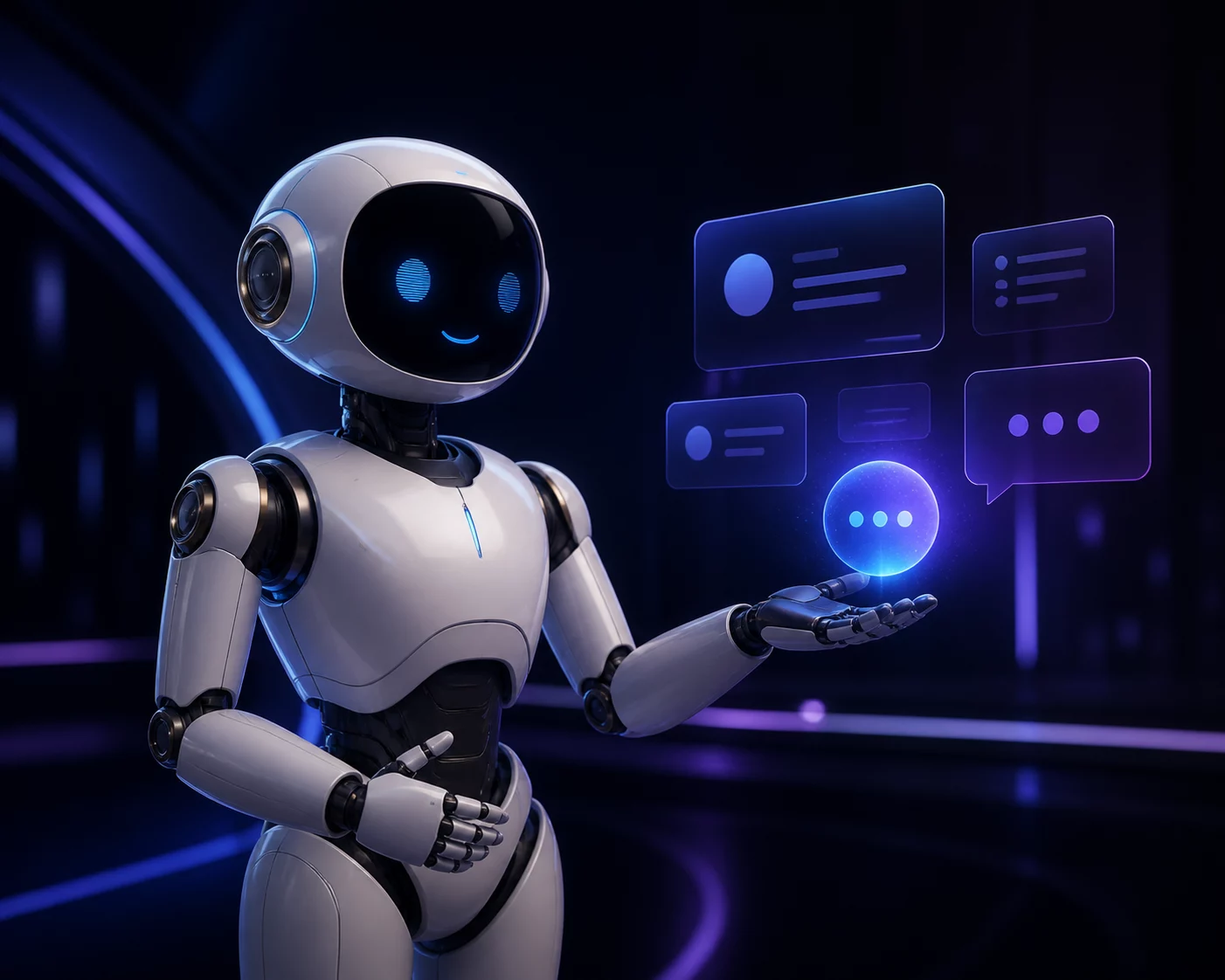 Futuristic communication robot presenting a holographic message interface